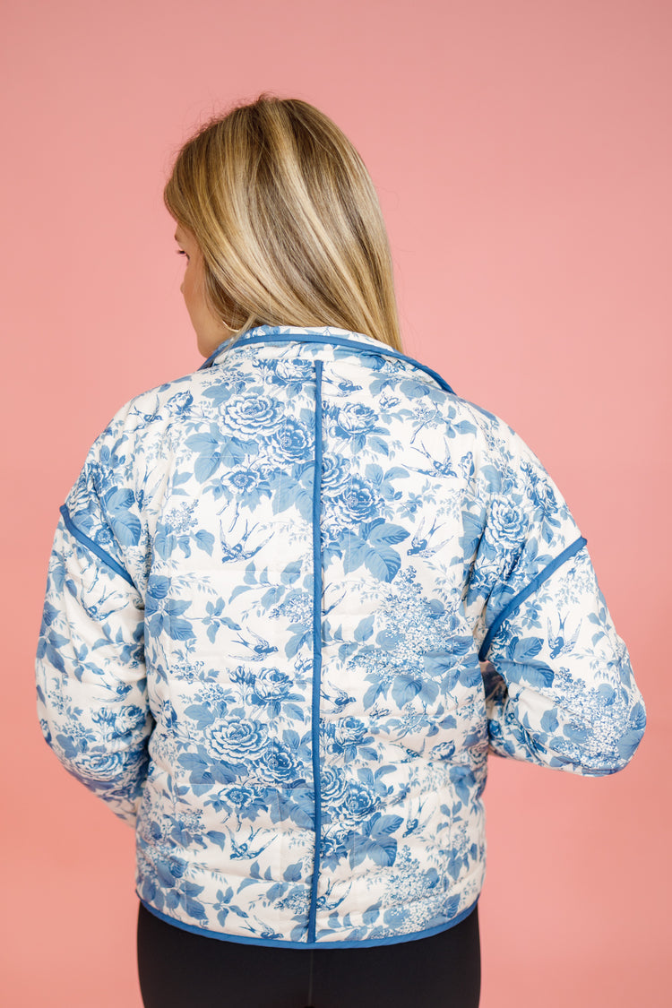 Blue Floral Mock Neck Quilted Jacket