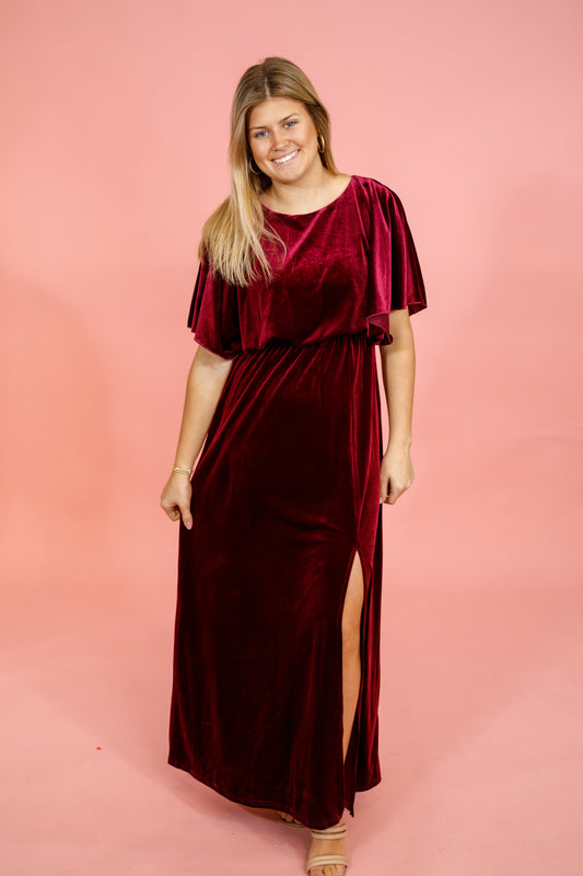 Burgundy Velvet Cape Maxi Dress