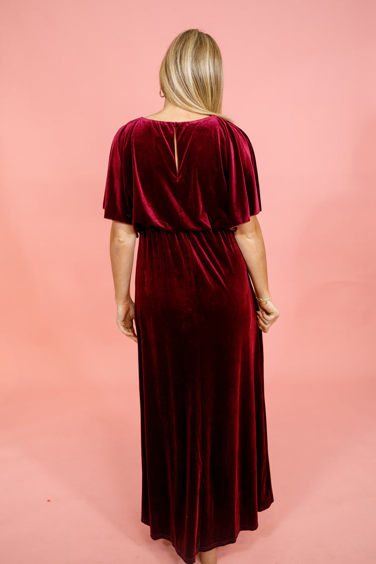 Burgundy Velvet Cape Maxi Dress