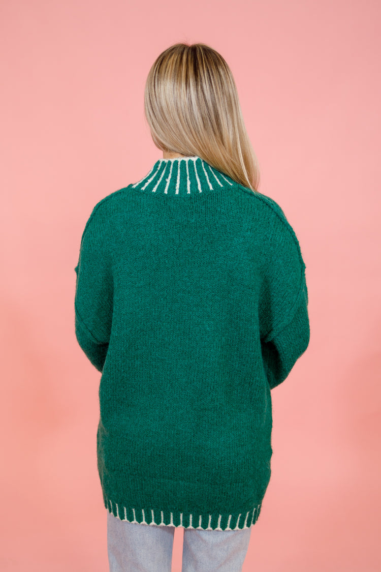 Green Mock Neck Embroider Sweater