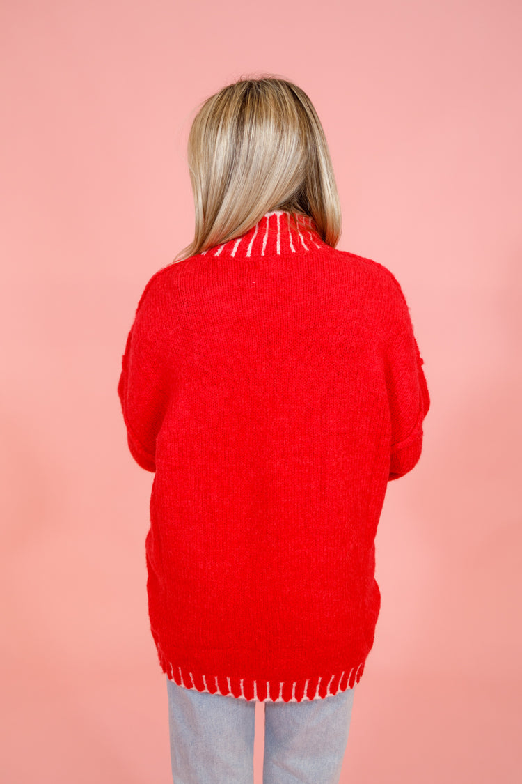 Red Mock Neck Embroider Sweater