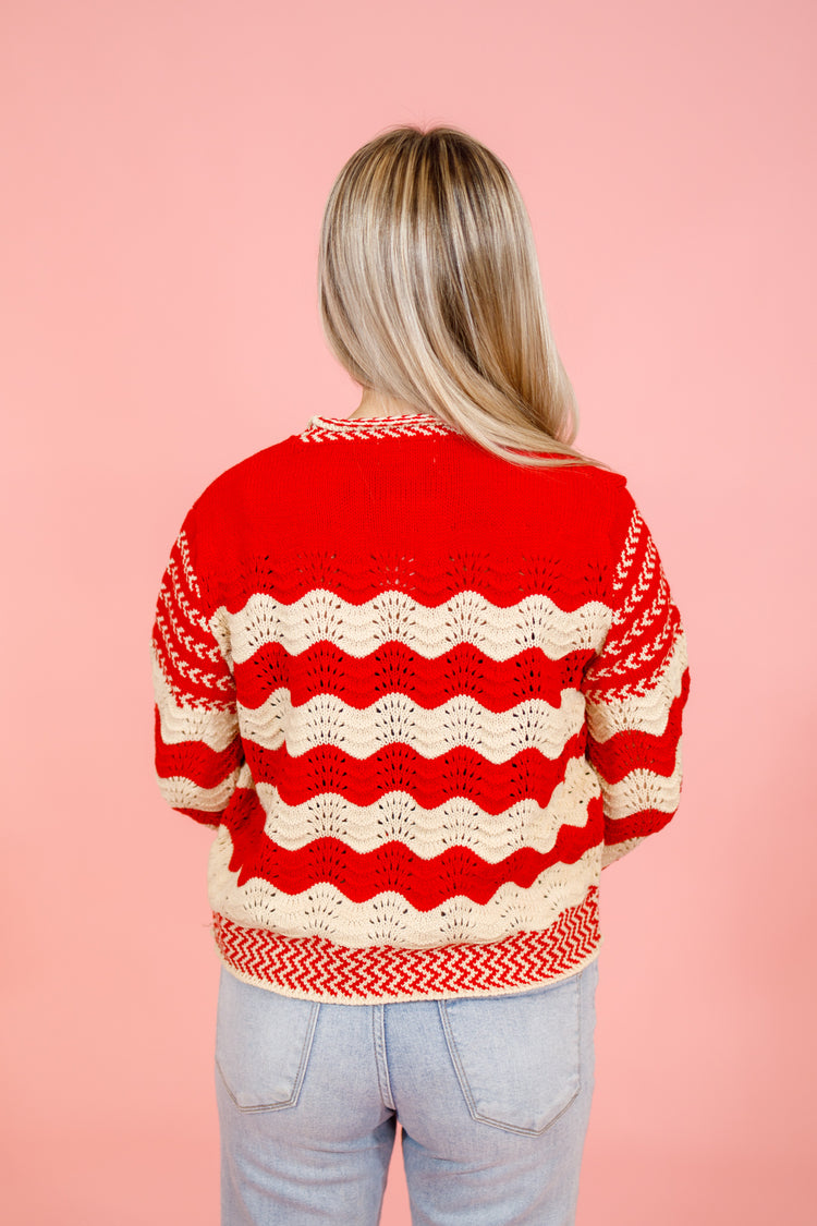 Red Wavy Stripe Puff Sleeve Top