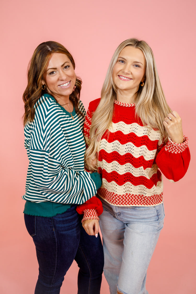 Red Wavy Stripe Puff Sleeve Top