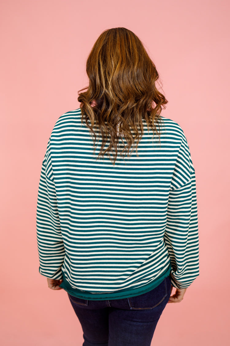 Green Stripe Drop Shoulder Sweater