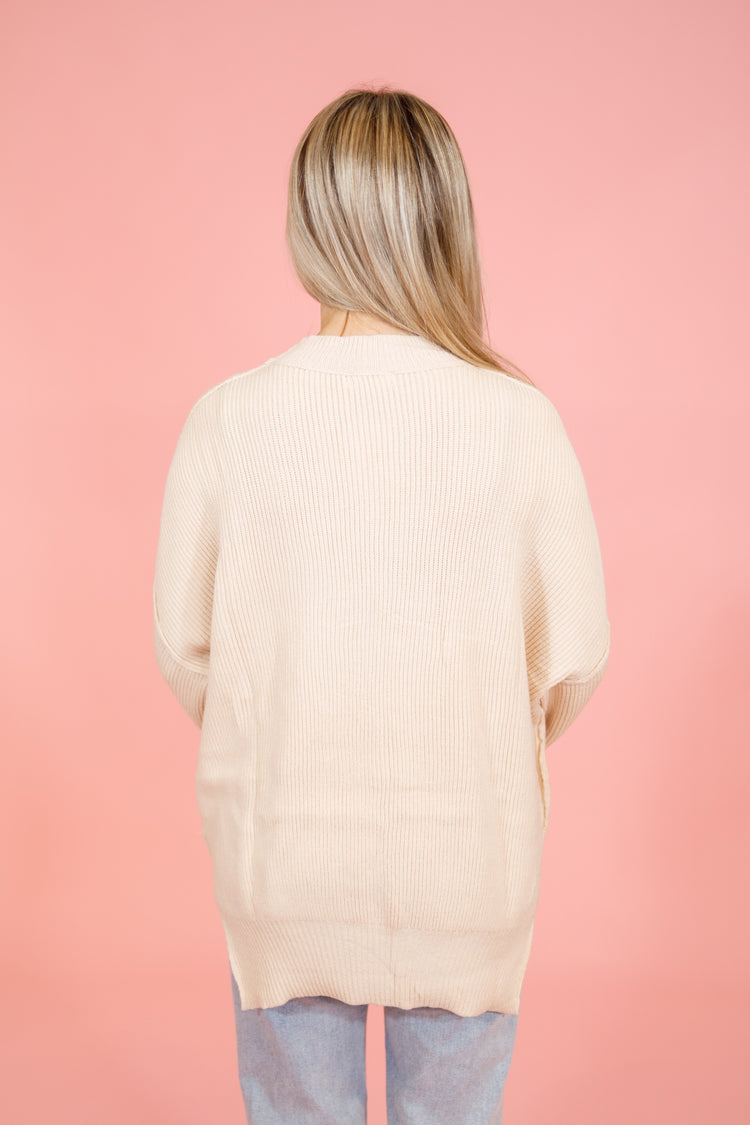 Cream Ribbed Mock Neck Sweater