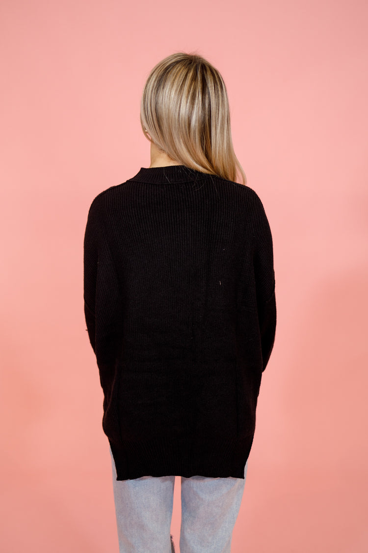 Black Ribbed Mock Neck Sweater