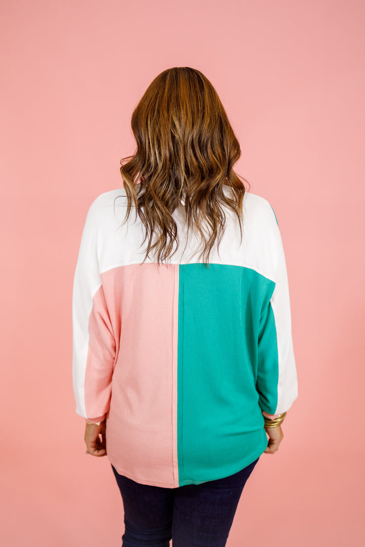 Pink Color Block Ribbed Top