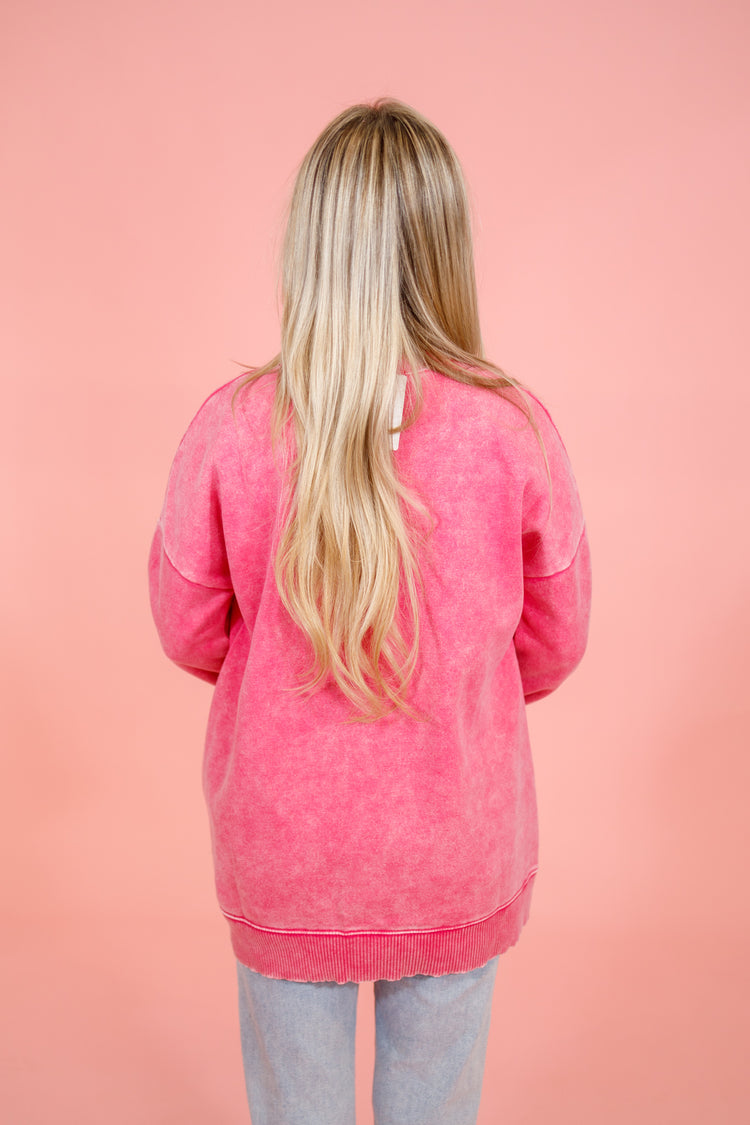 Acid Wash Pocket Pullover, HOT PINK