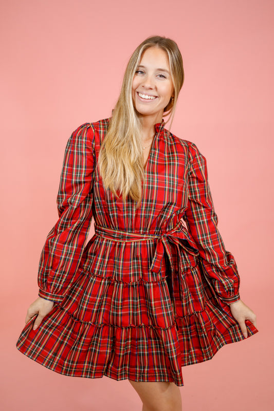 Red Plaid Wrap Tie Dress