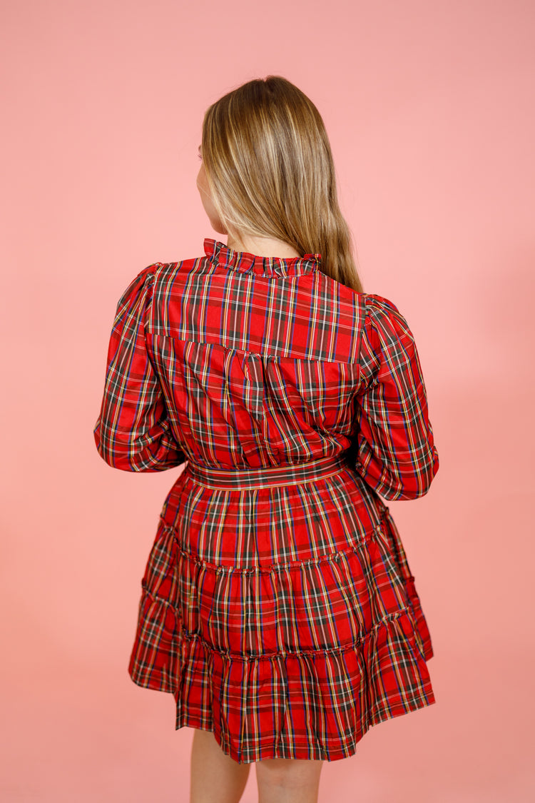 Red Plaid Wrap Tie Dress