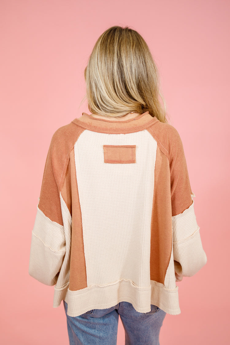 Rust Waffle Knit Contrast Top