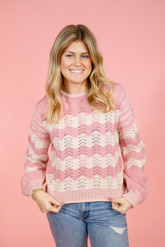 Pink Wavy Stripe Puff Sleeve Top