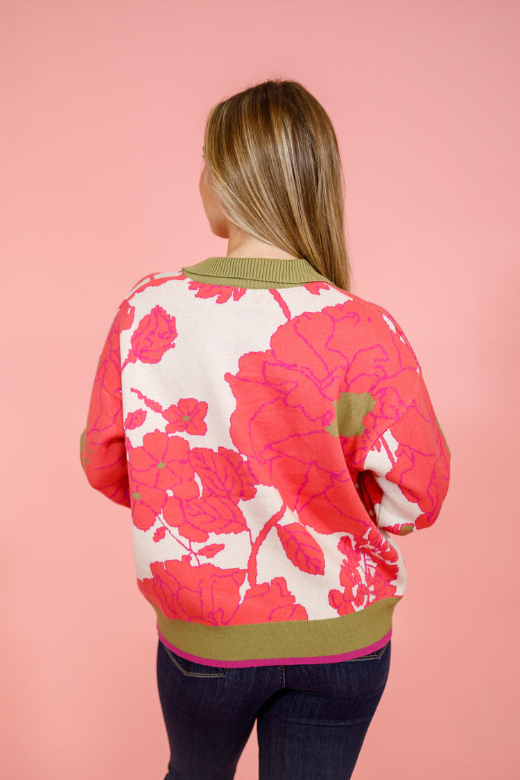 Olive Coral Floral Half Zip Pullover