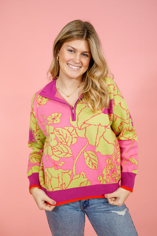 Fuchsia Sage Floral Half Zip Pullover