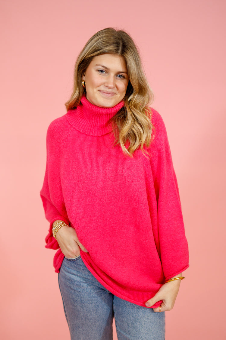 Hot Pink Dolman Turtleneck Sweater