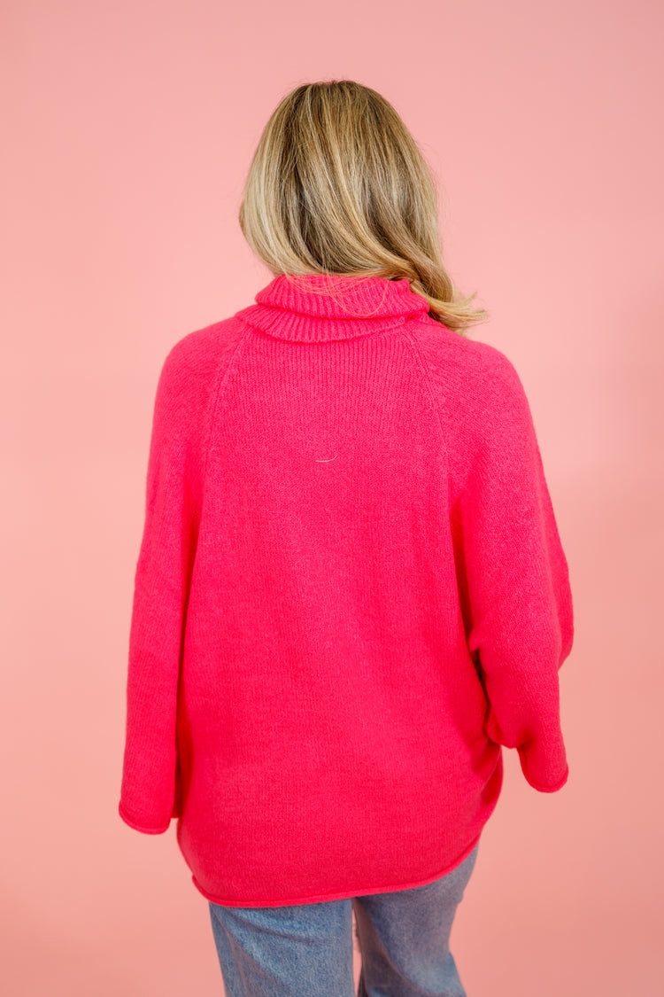 Hot Pink Dolman Turtleneck Sweater