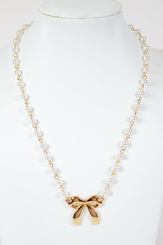 Metal Bow & Pearl Necklace