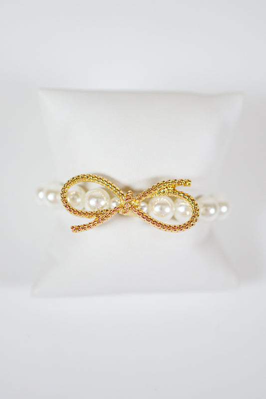 Beaded Pearl & Bow Metal Bracelet