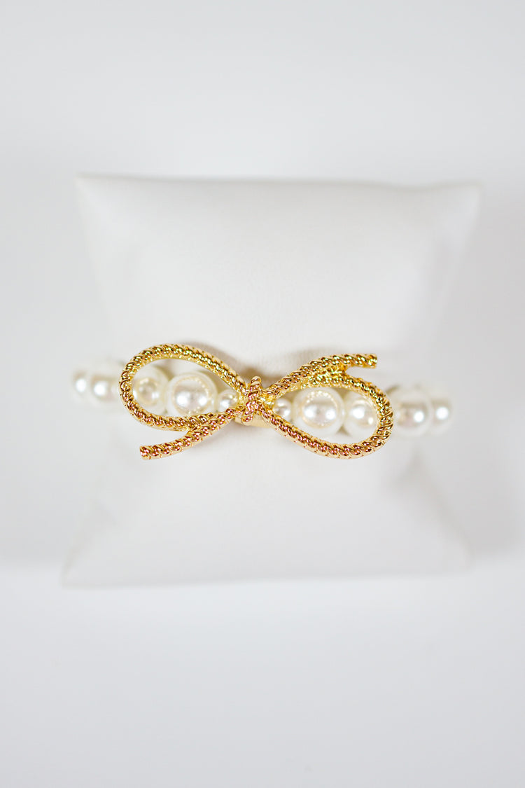 Beaded Pearl & Bow Metal Bracelet