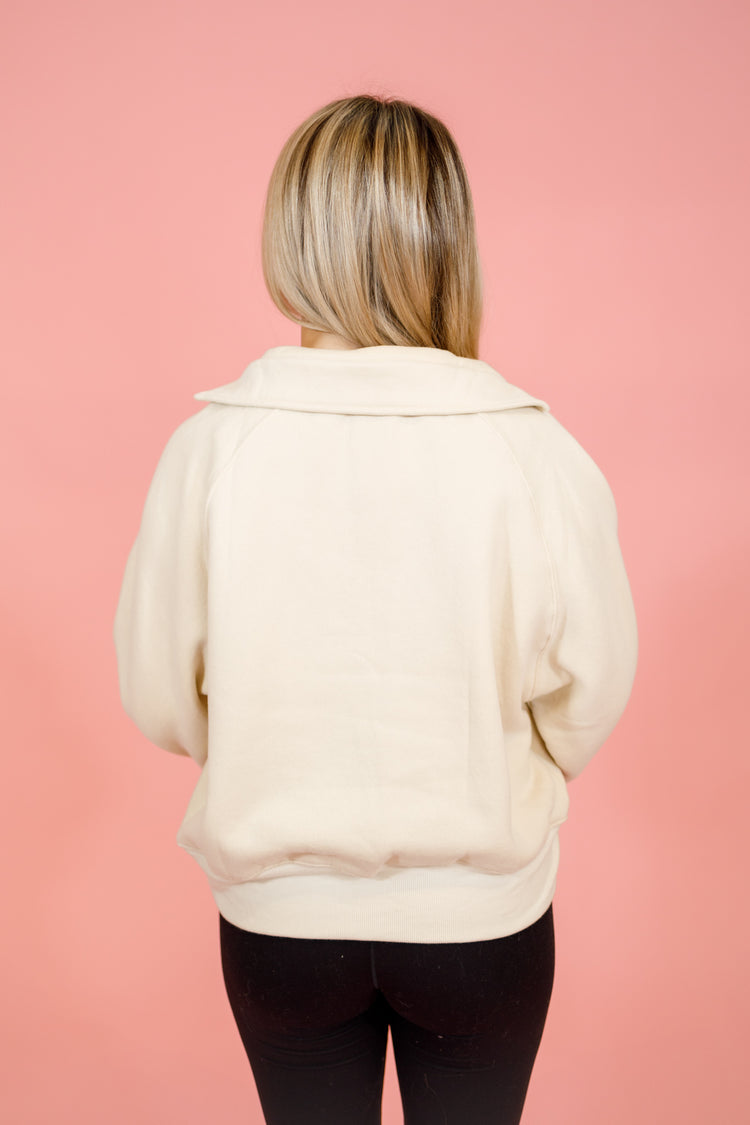 Snap Button Collared Sweatshirt, CREAM