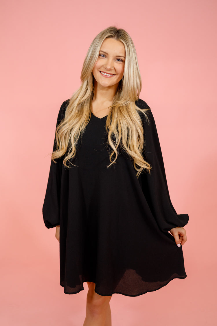 Black Basic Bubble Sleeve Dress