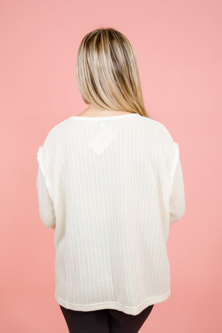 Off White Ribbed Folded Sleeve Top, S-2XL