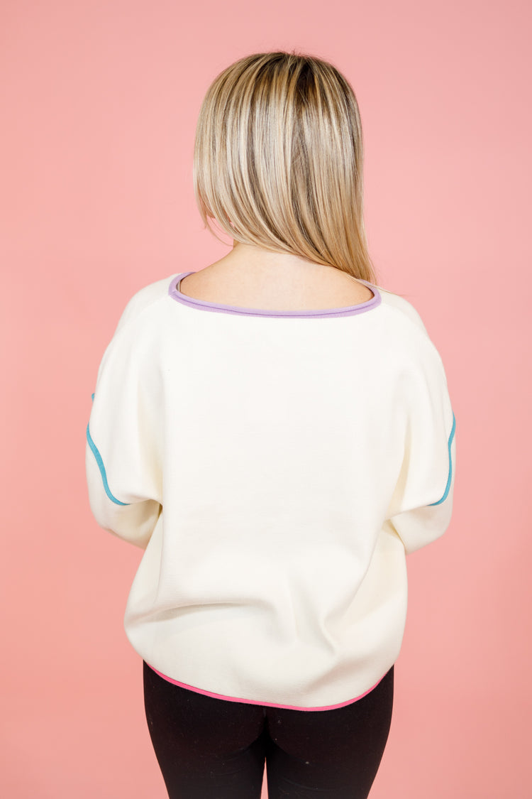 Cream Multi Color Trim Sweater