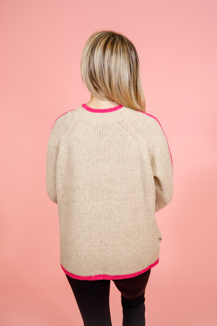 Taupe and Pink Trim Knit Sweater