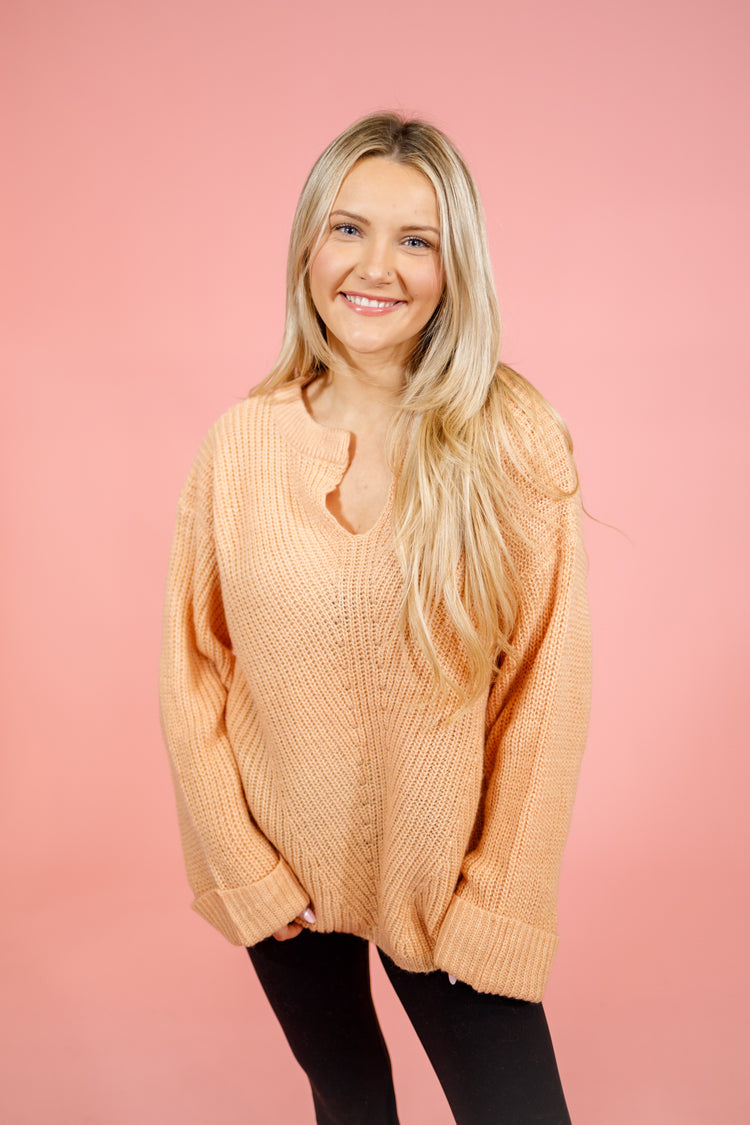 Peach Knit Split Neck Sweater