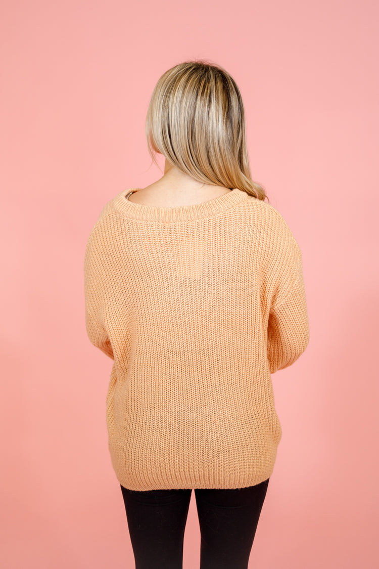 Peach Knit Split Neck Sweater