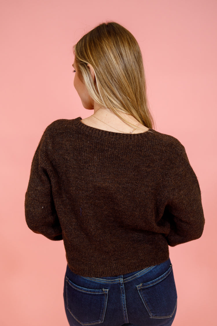 Brown Cropped Front Tie Sweater