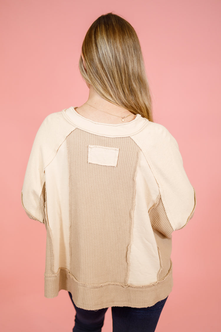 Beige Waffle Knit Contrast Top