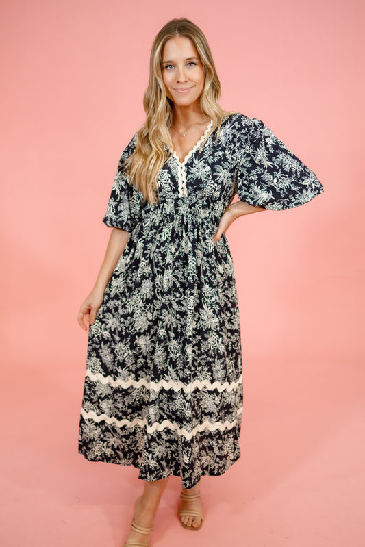 Navy Floral Ric Rac Trim Dress