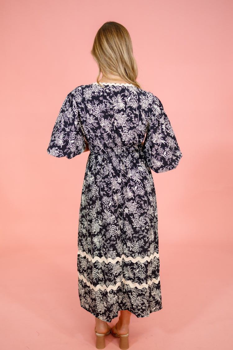 Navy Floral Ric Rac Trim Dress