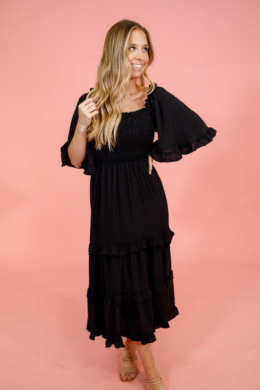 Black Smock Tiered Midi Dress, S-2XL