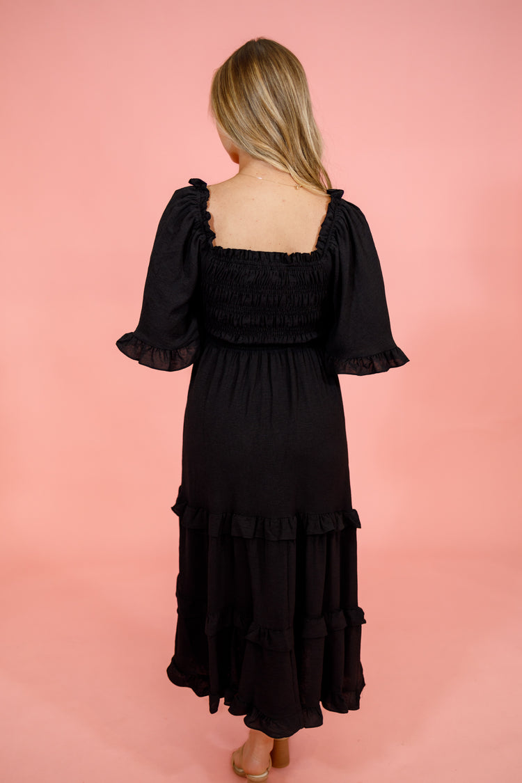 Black Smock Tiered Midi Dress, S-2XL