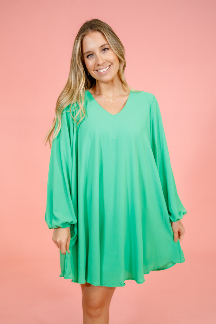 Green Basic Bubble Sleeve Dress