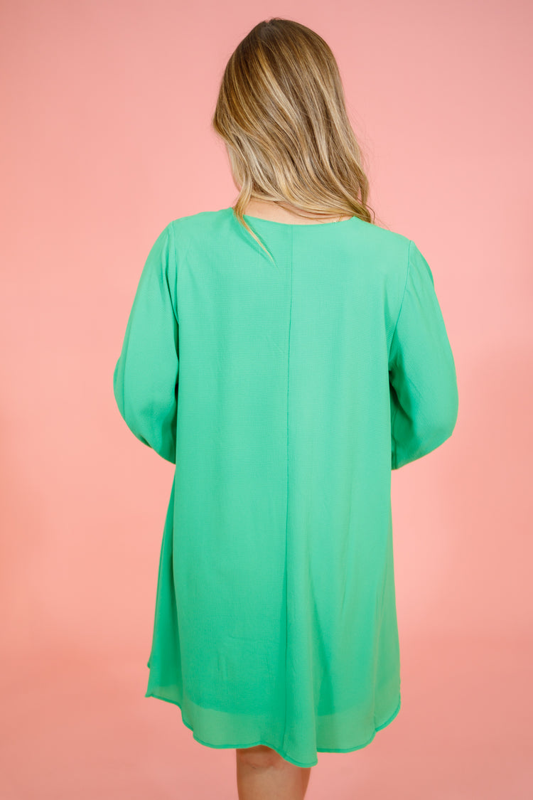 Green Basic Bubble Sleeve Dress