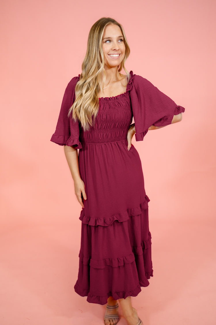 Ruby Red Smock Tiered Midi Dress