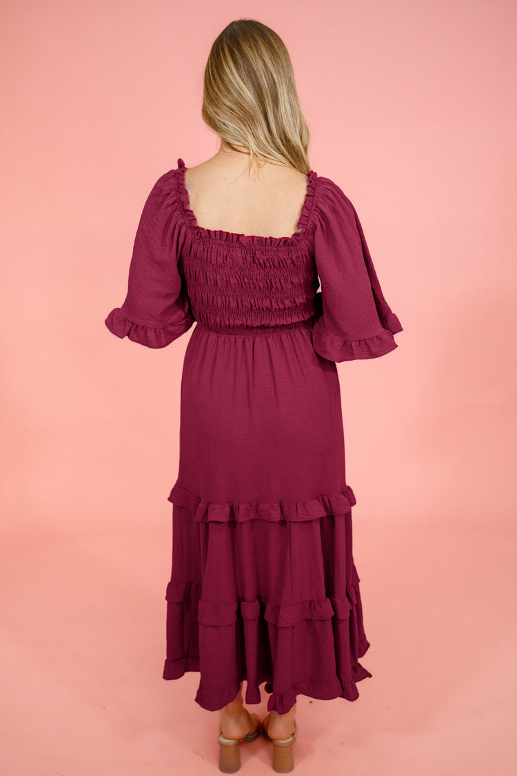 Ruby Red Smock Tiered Midi Dress