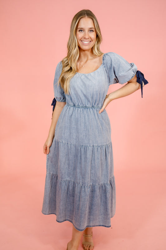 Denim Tiered Midi Dress