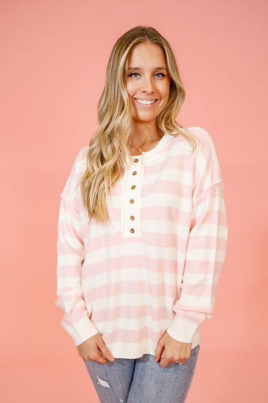 Pink Stripe Half Button Sweater