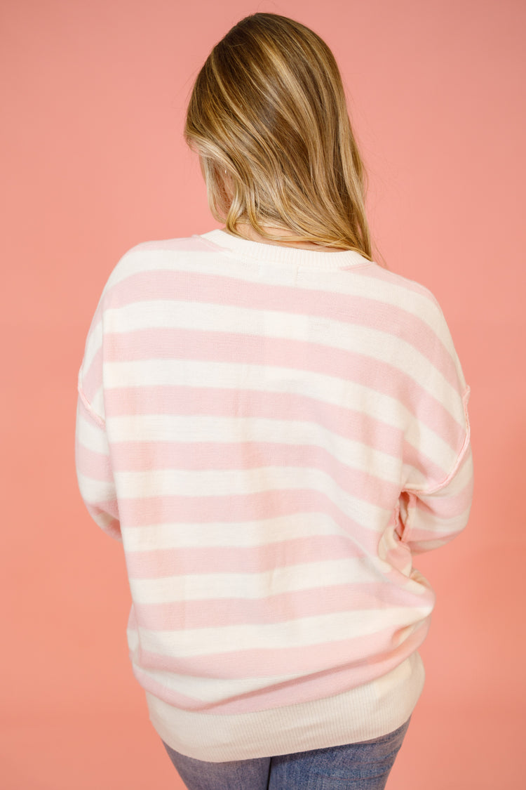 Pink Stripe Half Button Sweater