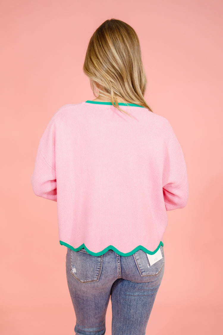 Pink Green Trim Sweater, S-2XL