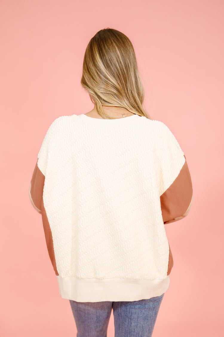 Cream Color Block Sleeve Sweater