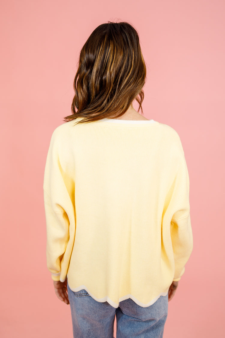 Yellow White Trim Scallop Sweater, S-2XL