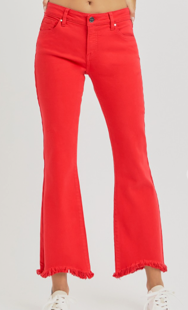 Risen Red Crop Flare Jeans