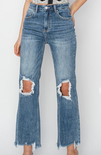 Risen Medium Wash Straight Crop Jeans