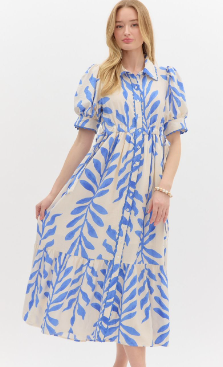 Blue Botanical Pattern Midi Dress, S-2XL