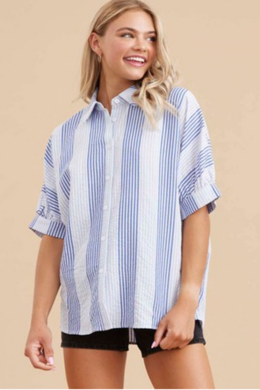 Curvy Blue Stripe Collar Top